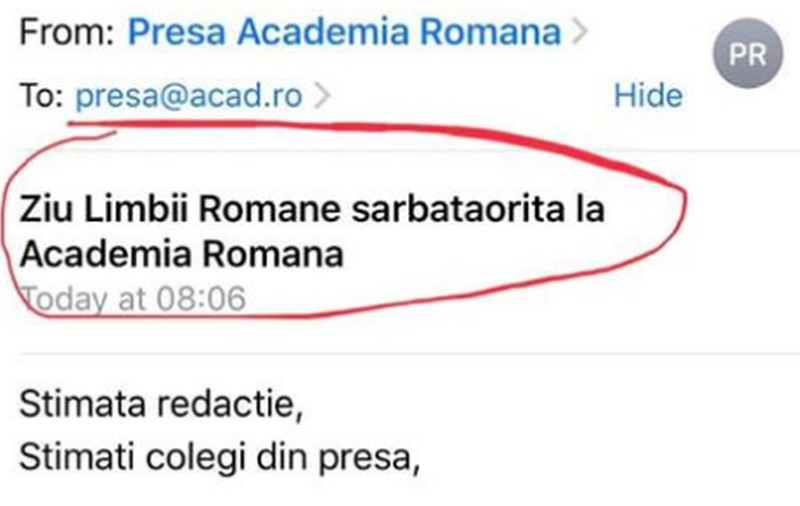 Greșeli într-un mesaj al Academiei Române: „Ziu Limbii Romane sarbataorita”