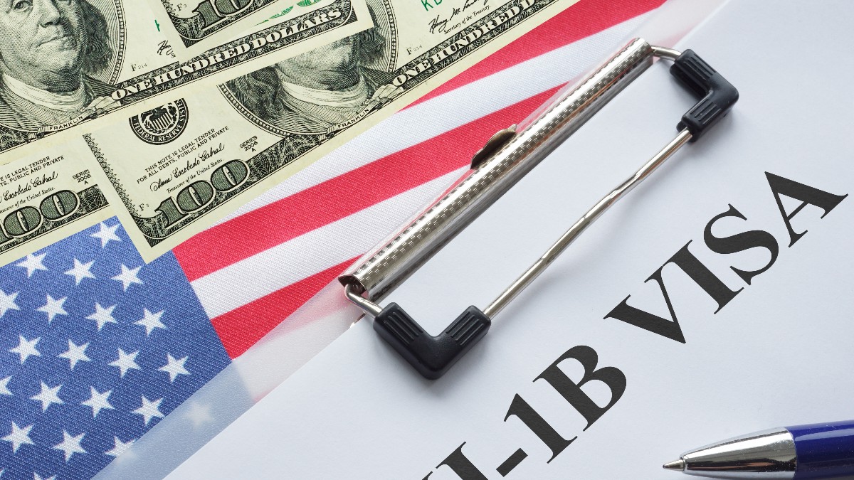 Imaginea prezintă un formular „H-1B VISA” pe un clipboard, așezat lângă steagul SUA și bancnote de 100 de dolari, sugerând costurile ridicate ale vizei. În dreapta apare un stilou, simbol al procesului de aplicare.
