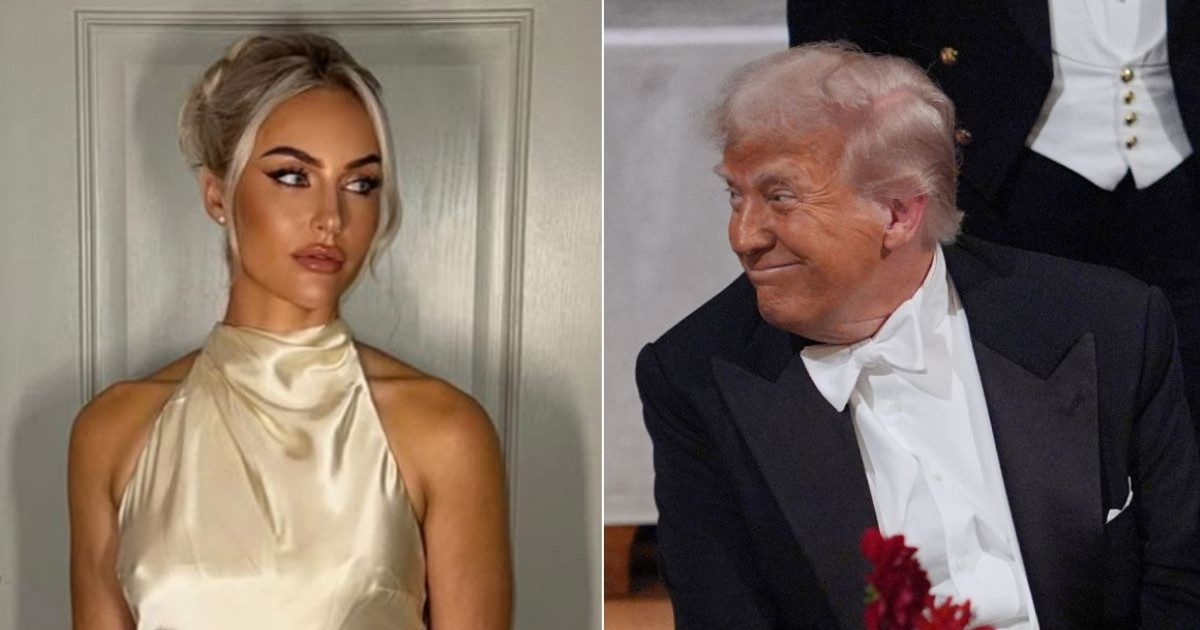 Colaj jucatoarea de golf britanica Charley Hull, stanga, in roche aurie cu umerii goi, si Donald Trump, dreapta, in costum negru, camasa si papion albe