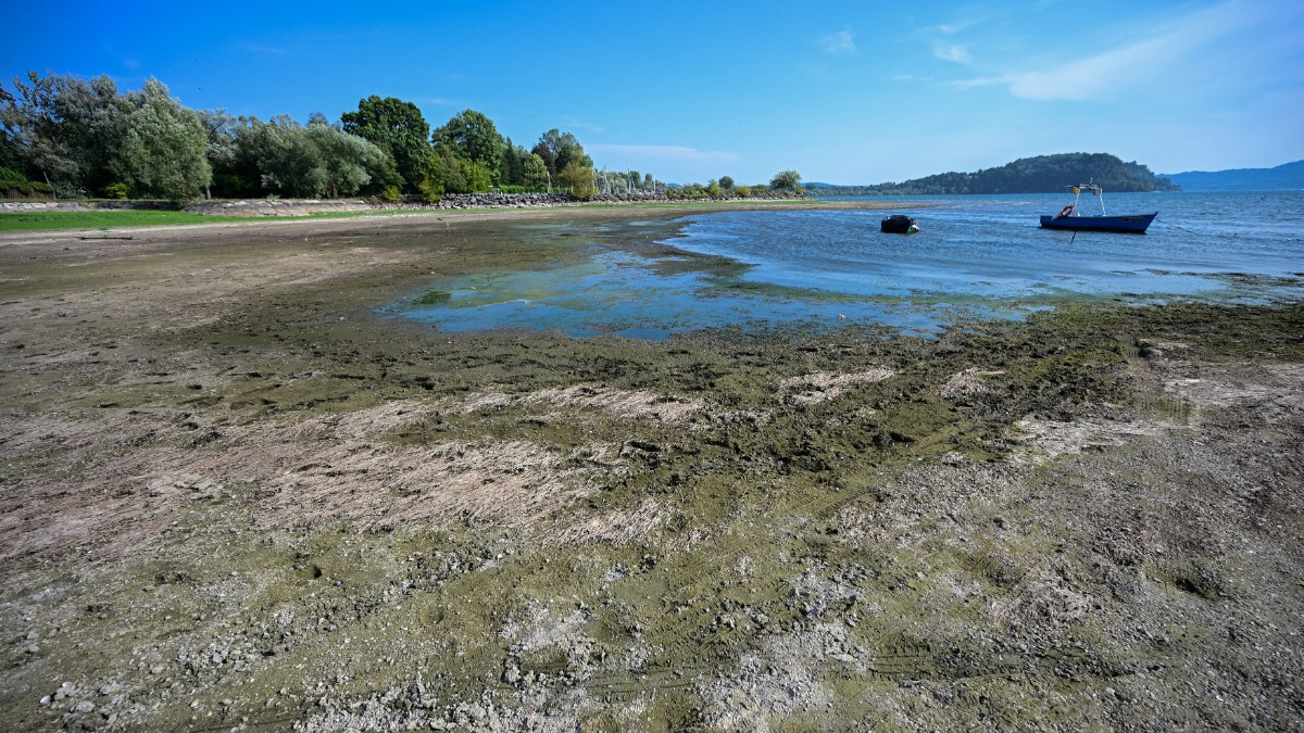 Lacul Maggiore apare cu nivelul apei mult scăzut, lăsând la vedere o porțiune întinsă de mal și nămol. În depărtare, o barcă plutește pe apa rămasă, în timp ce peisajul este dominat de vegetație și dealuri.