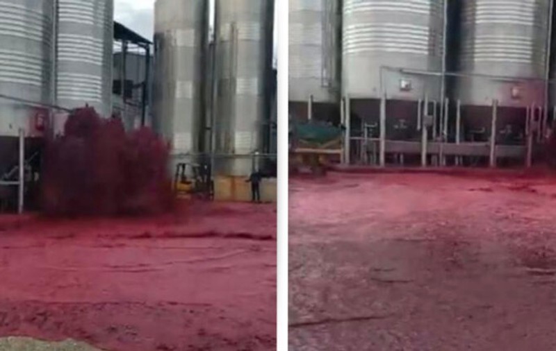 VIDEO | Momentul în care un rezervor imens explodează și 50.000 de litri de vin se împrăștie pe jos, într-o cramă din Spania