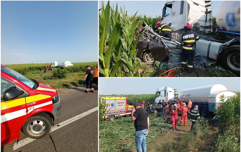Autoturism strivit și târât zeci de metri într-un lan de porumb, după impactul cu o cisternă, în Ialomița. Șoferul a murit pe loc