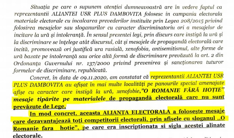 ”USR-PLUS folosește mesaje care instigă la ură și xenofobie”, spune PSD Dâmbovița | Foto: Captură din plângerea depusă la BEC