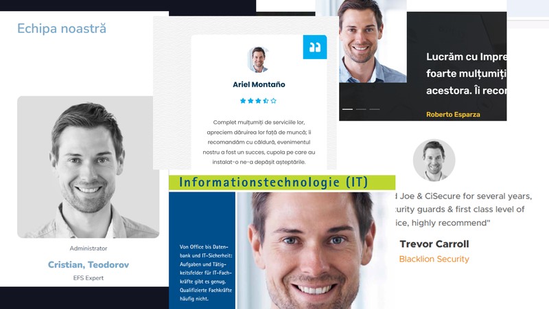Stânga - captură de ecran cu Cristian Teodorov de pe site-ul companiei Efs Expert și dreapta - imaginile găsite cu același bărbat întâlnit sub alte identități