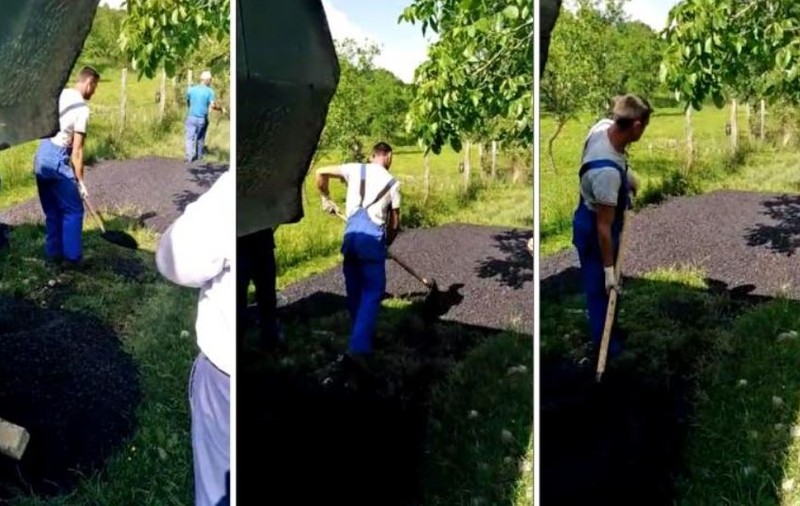 VIDEO | Imagini incredibile într-un sat din Argeș. Asfalt turnat direct peste iarbă