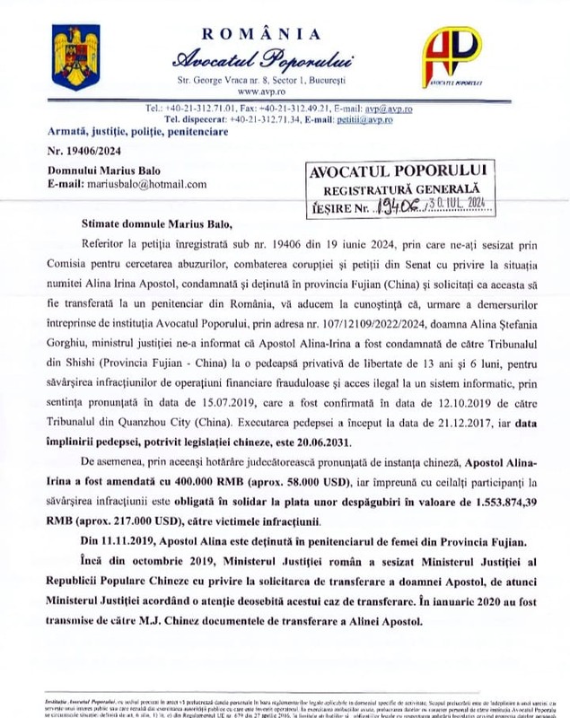 Ce șanse are românca deținută în China să fie adusă în țară în lipsa unor întâlniri diplomatice. Chinezii au trimis un număr de cont, unde familia Alinei Apostol trebuie să plătească prejudiciul 