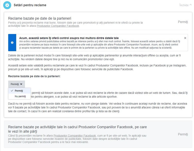 Alegeți dacă permiteți sau nu permiteți reclamele bazate pe datele primite de Facebook de la parteneri