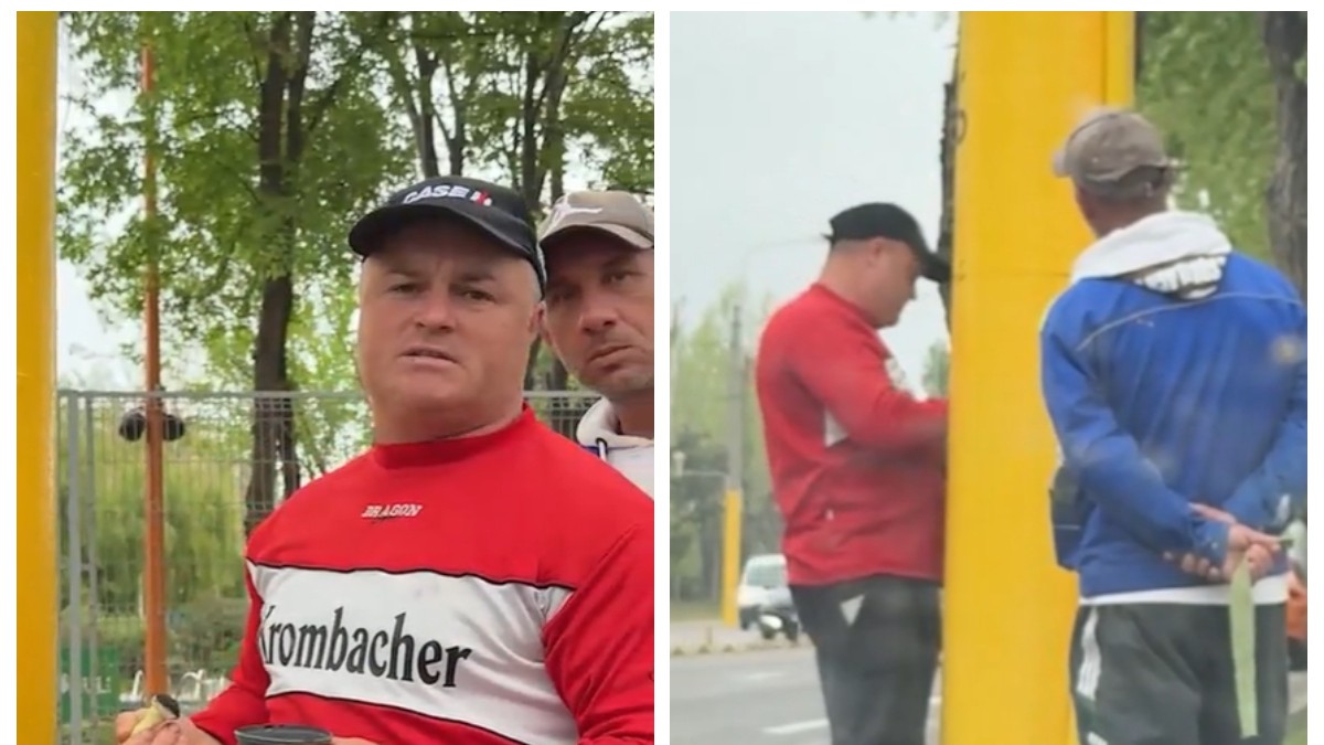 Persoana din prim-plan poartă o bluză roșie cu inscripția „Krombacher”, o șapcă neagră și privește direct către cameră. În spatele lui, celălalt bărbat, îmbrăcat într-un hanorac alb, privește spre cameră. În imaginea din dreapta, persoana cu bluză roșie pare să scrie sau să inscripționeze ceva pe stâlp, în timp ce celălalt stă cu mâinile la spate.