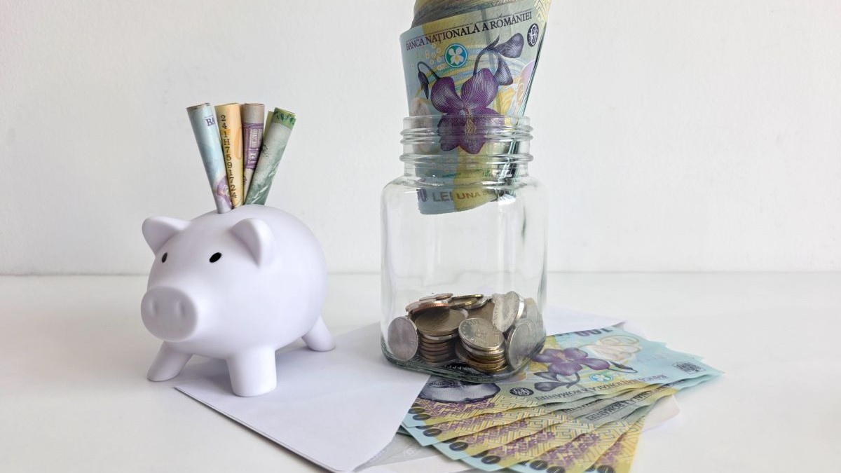 O pușculiță albă în formă de porc, plină de bani românești, sub ea este un plic alb umplut cu bancnote de 100 de lei, iar peste el este un borcan transparent din sticlă plin cu monede, iar deasupra hârtii de 100 de lei