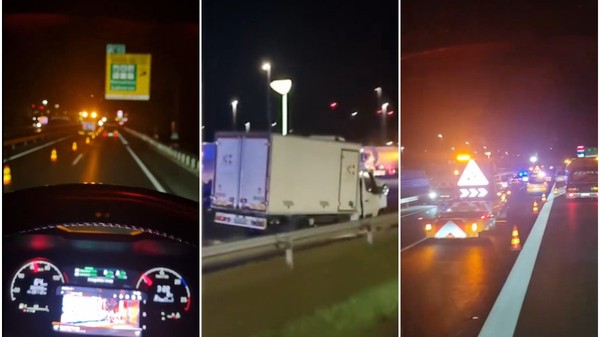 Colaj din trei cadre surprinse pe timp de noapte de la volanul unui vehicul, ce prezintă locul unui accident pe o autostradă, cu conuri de semnalizare, o autoutilitară albă oprită și vehicule de asistență rutieră cu lumini de avertizare aprinse.