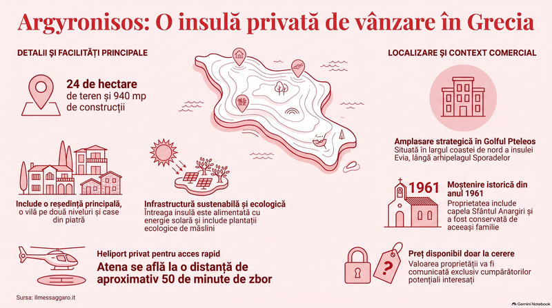 Argyronisos, o insulă privată de 24 de hectare din Grecia, a fost scoasă la vânzare / Imagine generată cu AI