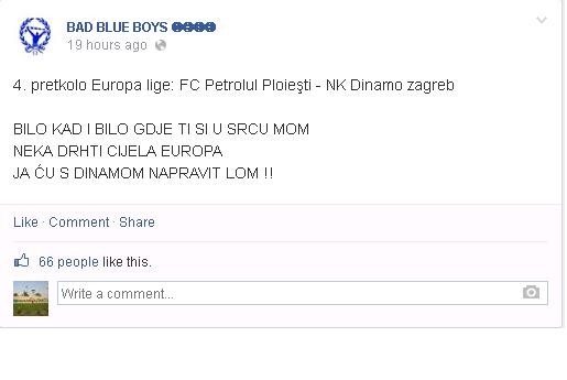 Mesajul războinic postat de ultraşii croaşi. foto:Facebook.com