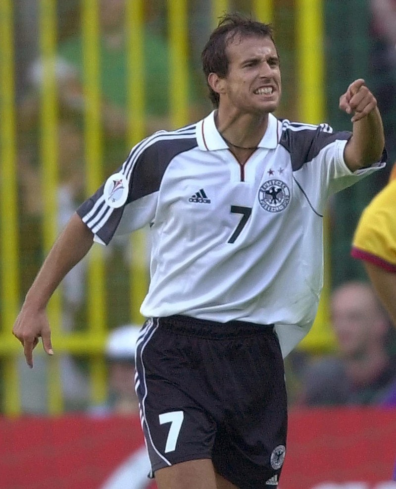 German midfielder Mehmet Scholl celebrates after scoring during the Euro 2000 group A match opposing Germany to Romania in Liege 12 June 2000. (ELECTRONIC IMAGE) EPA PHOTO BENOIT DOPPAGNE