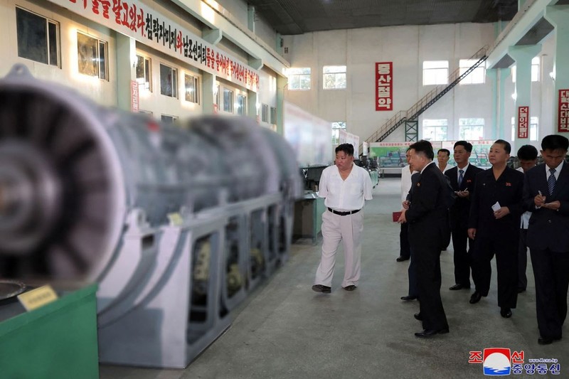 This undated picture released from North Korea's official Korean Central News Agency (KCNA) on September 3, 2023 shows North Korean leader Kim Jong Un inspecting the Pukjung Machine Complex in North Pyongan Province.,Image: 802473191, License: Rights-managed, Restrictions: South Korea OUT / ---EDITORS NOTE--- RESTRICTED TO EDITORIAL USE - MANDATORY CREDIT "AFP PHOTO/KCNA VIA KNS" - NO MARKETING NO ADVERTISING CAMPAIGNS - DISTRIBUTED AS A SERVICE TO CLIENTS / THIS PICTURE WAS MADE AVAILABLE BY A THIRD PARTY. AFP CAN NOT INDEPENDENTLY VERIFY THE AUTHENTICITY, LOCATION, DATE AND CONTENT OF THIS IMAGE ---, *** HANDOUT image or SOCIAL MEDIA IMAGE or FILMSTILL for EDITORIAL USE ONLY! * Please note: Fees charged by Profimedia are for the Profimedia's services only, and do not, nor are they intended to, convey to the user any ownership of Copyright or License in the material. Profimedia does not claim any ownership including but not limited to Copyright or License in the attached material. By publishing this material you (the user) expressly agree to indemnify and to hold Profimedia and its directors, shareholders and employees harmless from any loss, claims, damages, demands, expenses (including legal fees), or any causes of action or allegation against Profimedia arising out of or connected in any way with publication of the material. Profimedia does not claim any copyright or license in the attached materials. Any downloading fees charged by Profimedia are for Profimedia's services only. * Handling Fee Only ***, Model Release: no