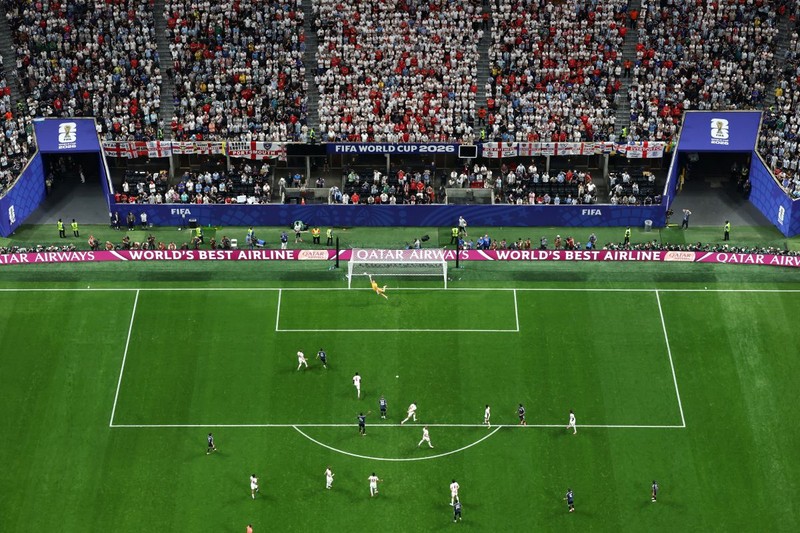 ATLANTA, GEORGIA - JULY 15: (EDITOR'S NOTE: Image was captured using a remote camera positioned above the field of play.) Jordan Pickford #1 of England makes a save during the FIFA World Cup 2026 Semi Final match between England and Argentina at Atlanta Stadium on July 15, 2026 in Atlanta, Georgia. (Photo by Dan Mullan/Getty Images)