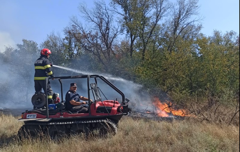Incendiu de vegetaţie uscată în Brăila, pe linia de tramvai din apropierea stațiunii Lacu Sărat