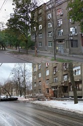 Clădirea-monument Slovo - Cuvântul din Harkov, înainte de bombardament (foto sus) și după | Surse foto: Google Street View și Twitter