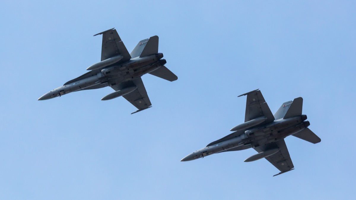 Imaginea prezintă două avioane militare de vânătoare F/A-18 Hornet zburând în formație