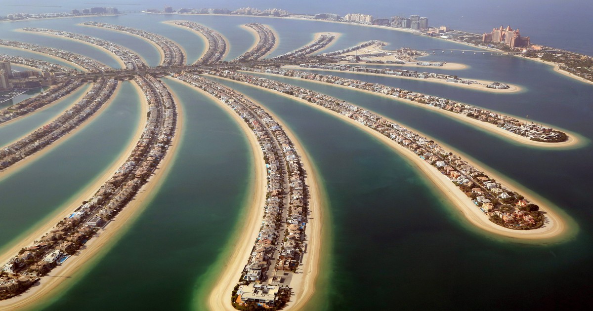 Dubai, Emiratele Arabe Unite, Insula Palm, Palm Jumeirah cu hotelul Atlantis Dubai, Emiratele Arabe Unite