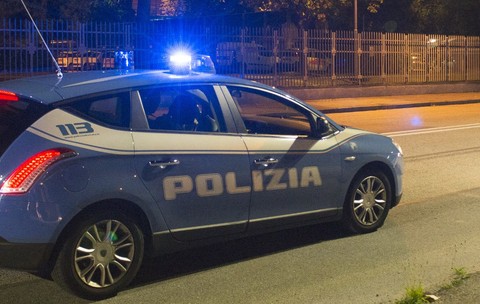 O mașină de poliție parcată noaptea pe stradă
