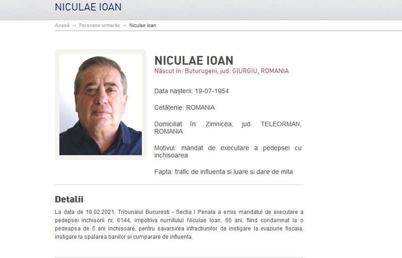 Ioan Niculae figurează la Persoane Urmărite pe site-ul Poliției Române. Sursa foto: politiaromana.ro