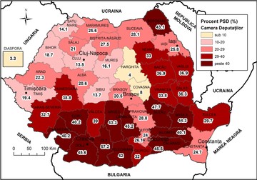 Figura 2. PSD: geografia votului la nivel județean la alegerile parlamentare din 2020