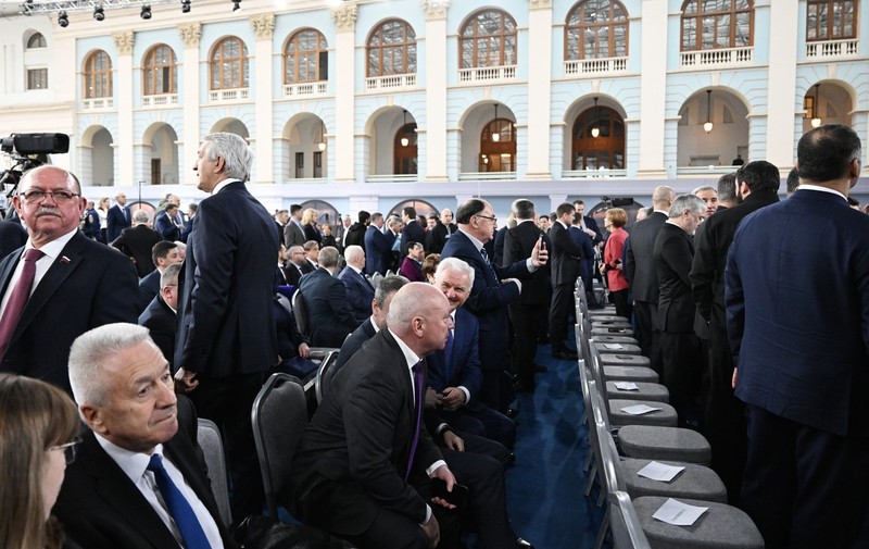 8374721 21.02.2023 People gather before Russian President Vladimir Putin's annual address to the Federal Assembly, in Moscow, Russia.,Image: 757506704, License: Rights-managed, Restrictions: Editors' note: THIS IMAGE IS PROVIDED BY RUSSIAN STATE-OWNED AGENCY SPUTNIK., Model Release: no