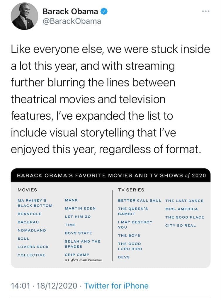 Lista de filme și seriale preferate ale fostului președinte american. În stânga jos, „Collective”, adică „Colectiv”, documentarul regizat de Nanau