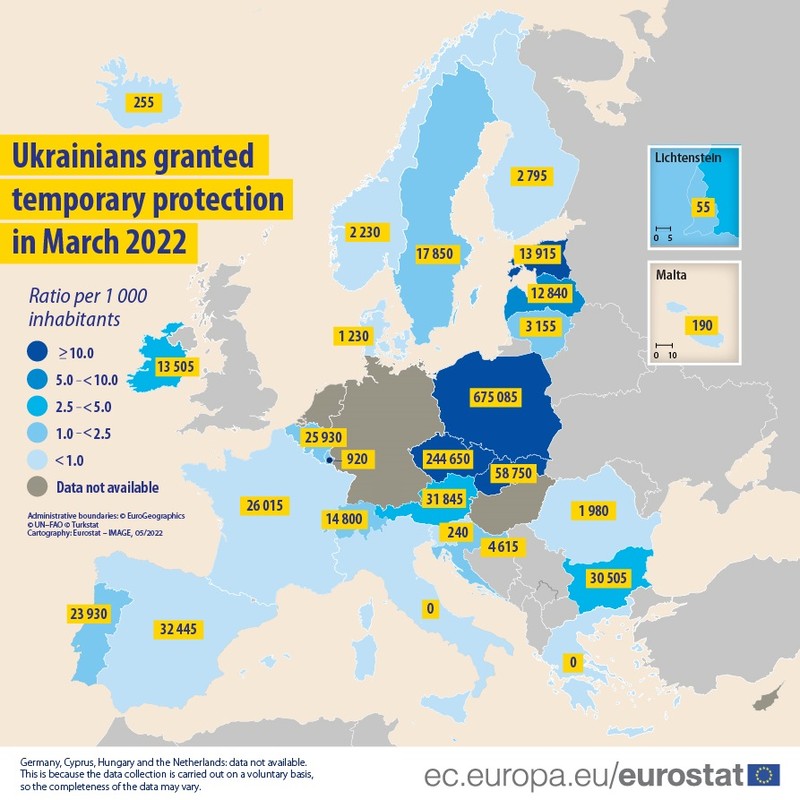 Numărul de cetățeni care au primit protecție temporară în statele membre UE în martie 2022 | Grafic: Eurostat