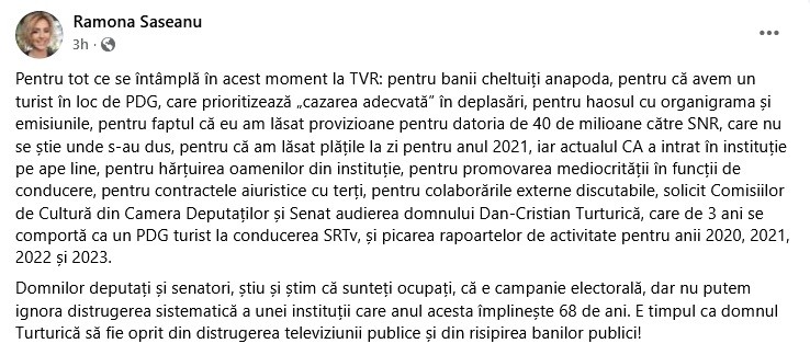 Postarea Ramonei Săseanu pe pagina sa de Facbook