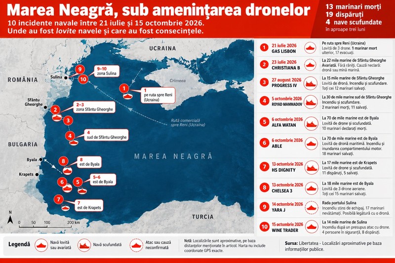 Cronologia atacurilor cu drone asupra navelor comerciale din Marea Neagră în 2026. Cel puțin patru nave, scufundate, Infografic făcut cu ajutorul AI
