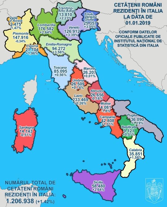 Peste 1,2 milioane de români erau înregistrați în Italia, în ianurie 2019, potrivit MAE