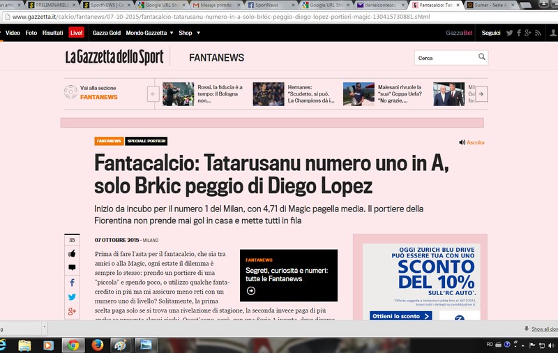 SUPERPERFORMANȚĂ! Publicația italiană ”La Gazzetta dello Sport” îl consideră pe românul Ciprian Tătărușanu cel mai bun portar din Serie A în primele 7 etape! ^Românul n-a primit niciun gol în partidele de pe teren propriu, în actuala stagiune, și a propulsat-o pe Fiorentina pe primul loc