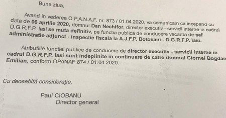 Pe 6 aprilie, Dan Nechifor este transferat, la cerere, de la Finanțe Iași la Finanțe Botoșani