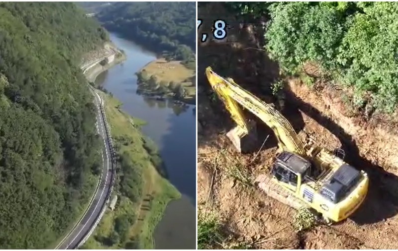 Imagini din dronă de pe Valea Oltului, la trei zile de la începerea lucrărilor de defrișare, care au blocat traficul