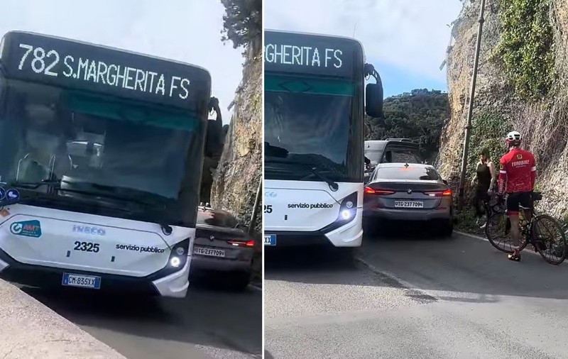 Un BMW rămâne blocat pe un drum îngust în Portofino. Momentul stânjenitor a devenit viral I VIDEO
