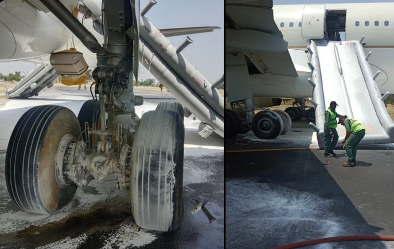 Incendiu la trenul de aterizare al unui Airbus A-330, în Pakistan. Pasagerii și membrii echipajului, evacuați pe toboganul gonflabil | VIDEO