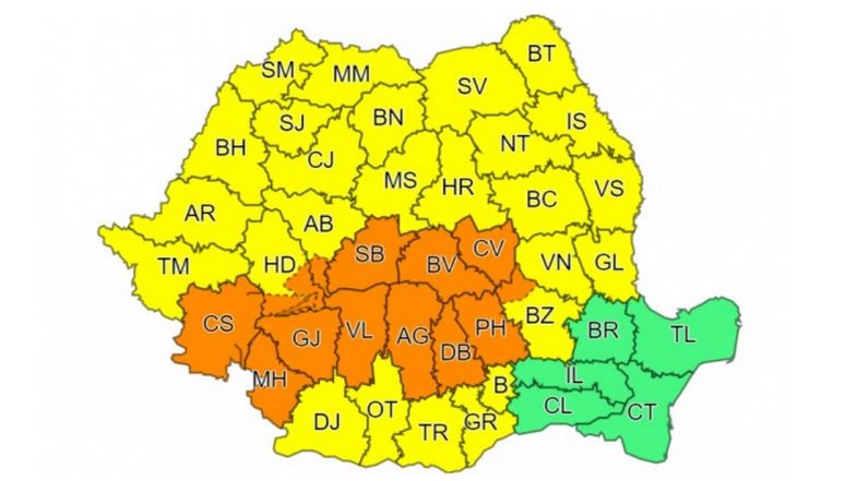 Harta zonelor vizate de atenționarea meteo, până pe 29 august | Foto: ANM