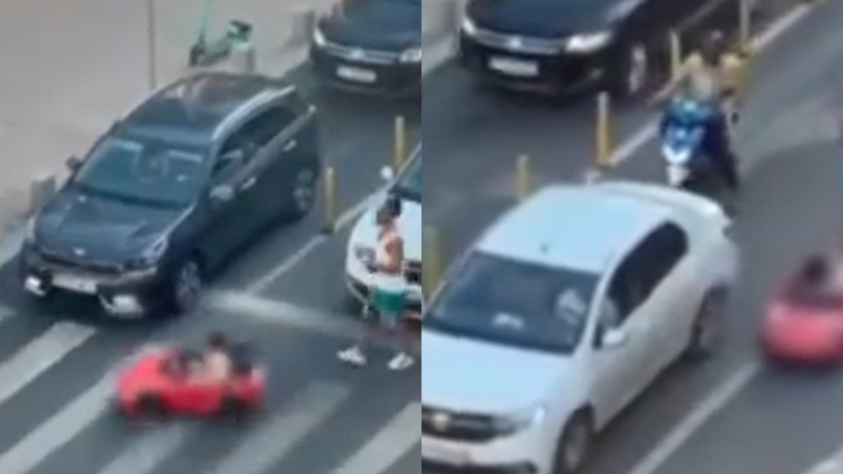 Bărbatul care și-a plimbat copilul cu o mașinuță de jucărie în trafic, pe Calea Victoriei, a fost identificat de polițiști. Sursă foto: Colaj foto Facebook