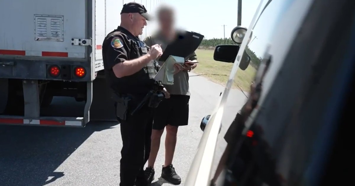 Imaginea surprinde un ofițer de poliție în uniformă care verifică documentele unui bărbat, lângă un camion de mari dimensiuni oprit pe marginea unui drum.