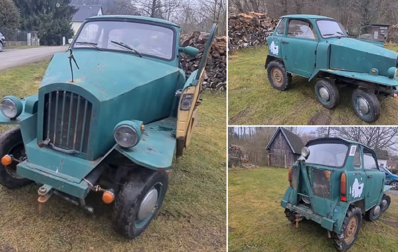 Mașină cu șase roți construită dintr-un Trabant, o Skoda și un ARO românesc. Un ceh cară cu ea lemne din munți
