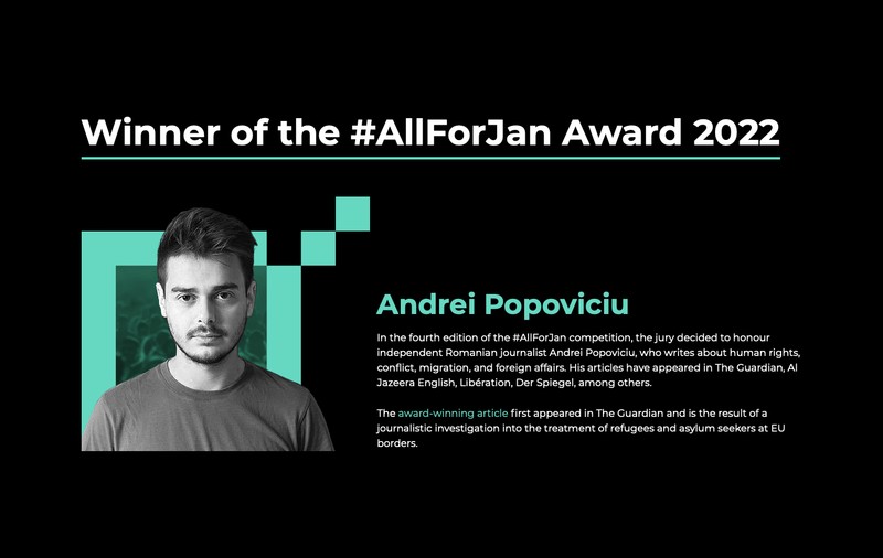 Românul Andrei Popoviciu a câștigat premiul „All for Jan” 2022, pentru jurnalism de investigație