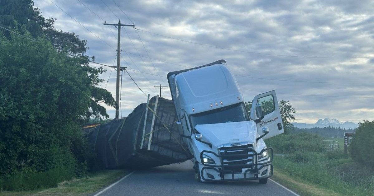 Un camion răsturnat pe o șosea în dreptul unei păduri într-o zi cu nori