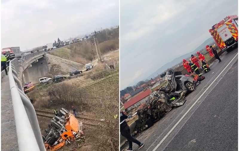 Accident teribil în județul Sibiu: 3 oameni au murit după ce un camion a intrat într-o mașină și apoi a căzut de pe un viaduct | VIDEO