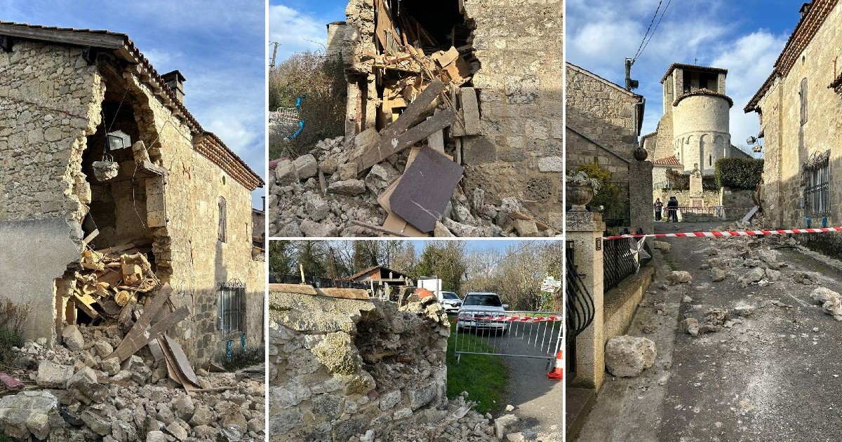 Colaj din patru fotografii, care arată arată pagubele extinse provocate unei clădiri din piatră și zonei înconjurătoare. Imaginile prezintă ziduri prăbușite și moloz.