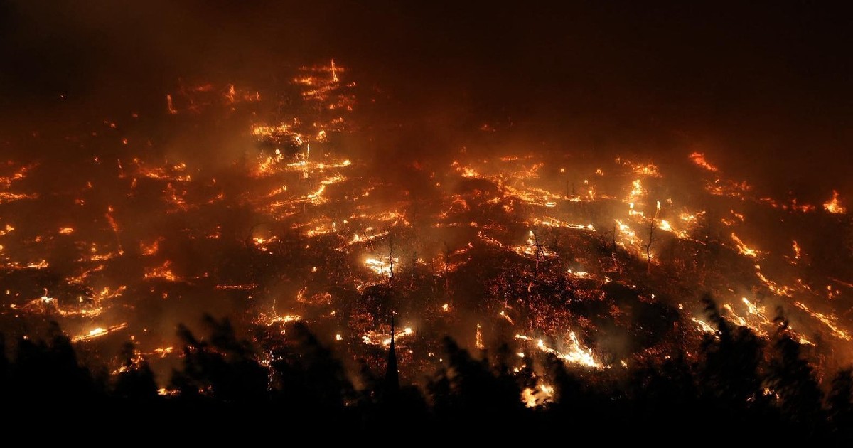 O imagine a flăcărilor care se ridică după izbucnirea unui incendiu forestier în Bursa, Turcia, pe 26 iulie 2025.