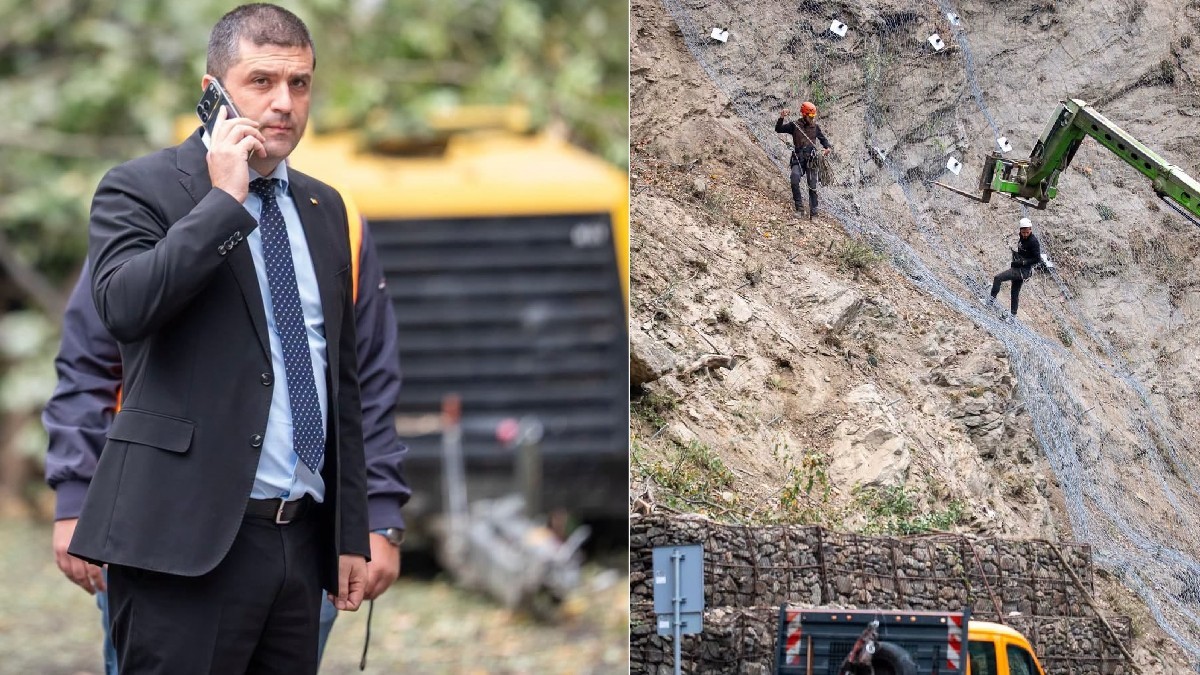 Radu Miruță, ministrul interimar al Transporturilor cu telefonul la ureche după ce a fost blocat în trafic pe Valea Oltului. Doi muncitori execută lucrări de protejare a versanților
