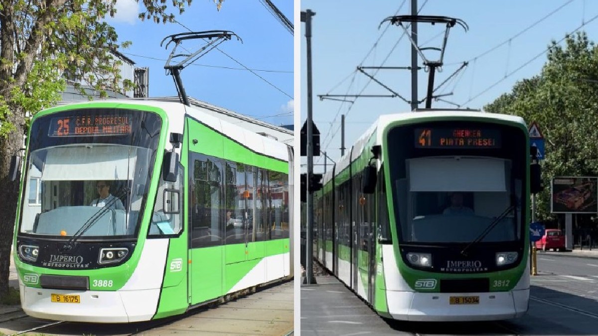 Două tramvaie, alb și verde, ale STB, care circulă pe liniile din București