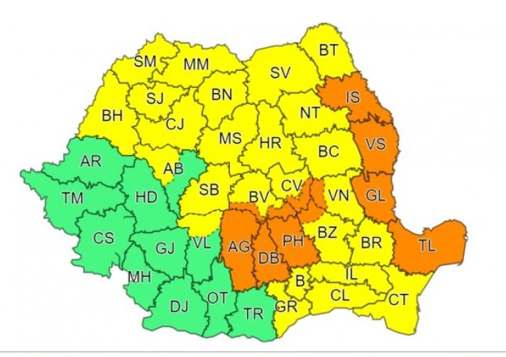 Alerta cod galben este valabilă până pe 1 august, ora 10.00. Alerta cod portocaliu este valabilă până pe 1 august, la ora 3.00