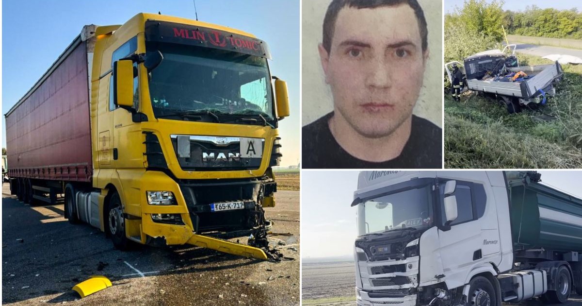 Colaj din patru fotografii care arată portretul unui tânăr, două camioane și o autoutilitară avariate după un accident